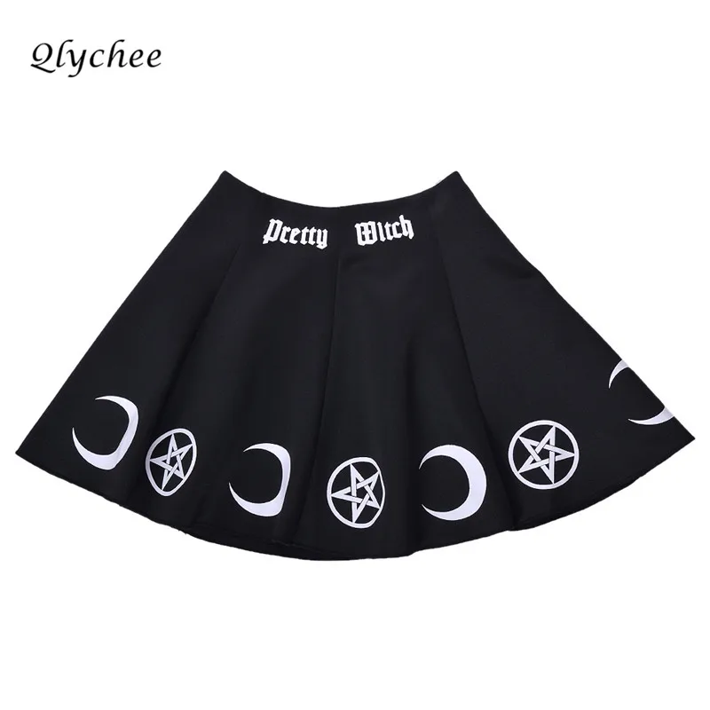 Qlychee Vintage Witch Moon Star Print Retro Skirt Women Sexy High Waist ...