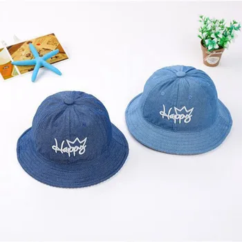 

Puseky Blue Boys Girls Jeans Hats Baby Cartoon Happy Letter Hats Children Spring Summer Sun Hats Infants Bucket Caps Denim Hats