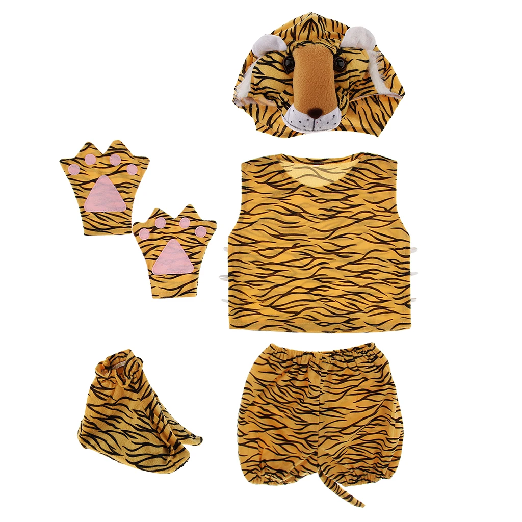 Kids Animal Costume Set Tiger Hat Top Shorts Gloves Shoes Party Halloween