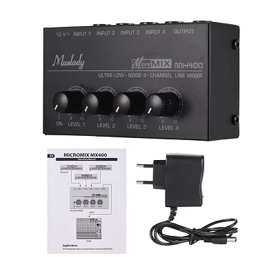 Muslady MX400 звуковой микшер ультра-компактный низкий уровень шума 4 канала линия моно аудио микшер с адаптером питания - Цвет: Black EU Plug