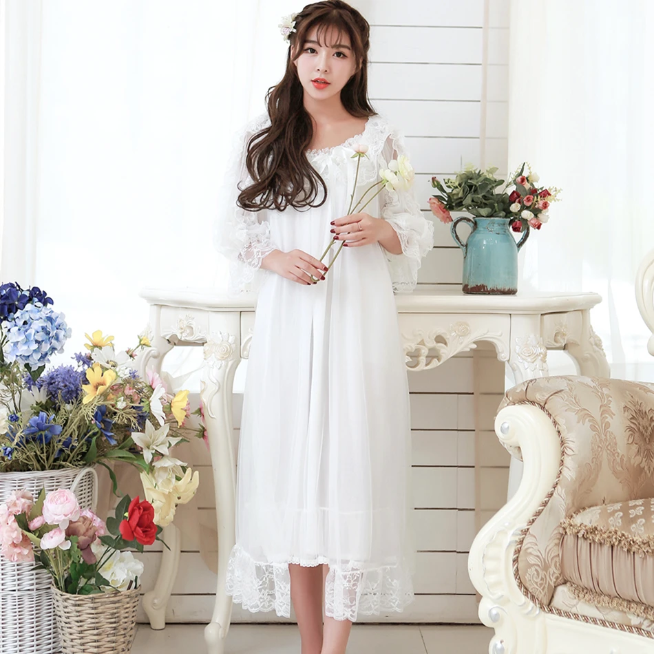 

Lace Robe Set Spring Nightgown Two-piece Robe Set For Women Long-sleeved nightdress Sweet Princess Sleepwear Home Dress Lace