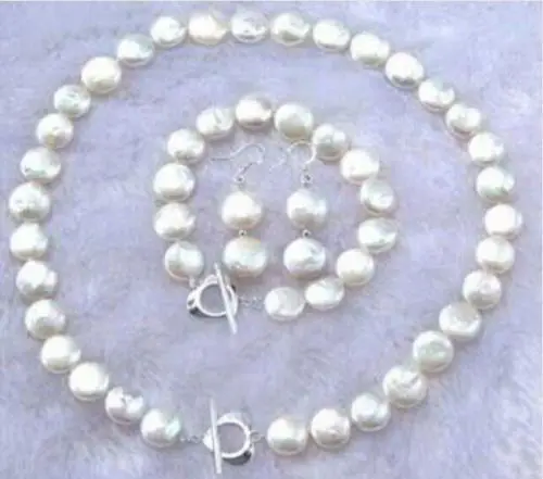 

Hot selling> 11-12MM Natural White Coin Pearl Necklace Bracelet Earring Set -Bride jewelry free shipping