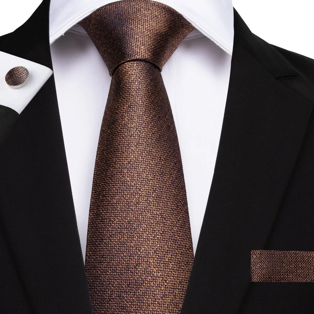 

2019 DiBanGu Luxury Brown Solid Men's Tie Hanky Cufflinks Neck Tie 8cm Silk Tie For Men Suit Business Wedding Tie Set SJT-7136