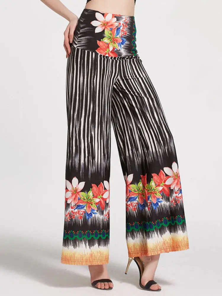 WOMENS LADIES PATCHWORK PATTERN PRINT PALAZZO TROUSERS HIGH WAIST WIDE LEG PANTS