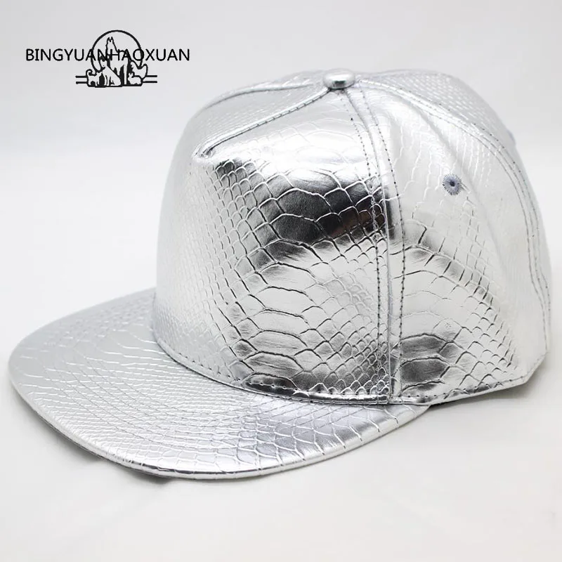BINGYUANHAOXUAN2017, брендовая бейсболка, искусственная кожа, одноцветная,, бейсболка с ремешком, хип-хоп головные уборы для мужчин и женщин, шапка - Цвет: Silver