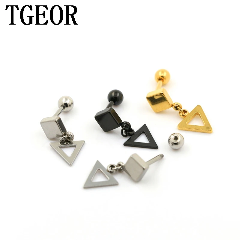 

free shipping Hot new Charm colors 30pcs surgical Stainless Steel square dangle triangle barbell ear tragus piercing earring