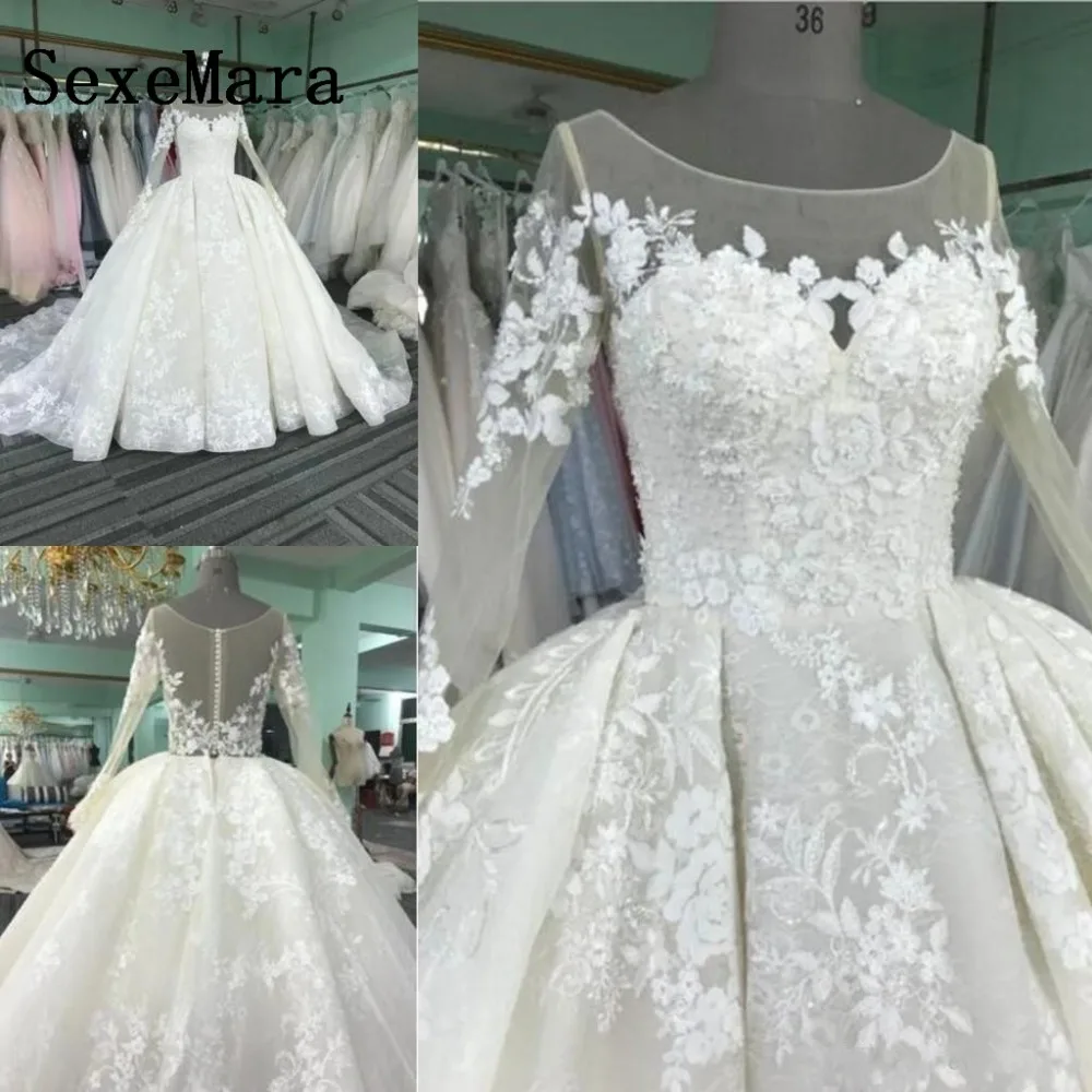 

High Quality Elegant Brides Wedding Dresses Scoop Neck Long Sleeves Applique Long Train Zipper Back Bridal Gowns Custom Made