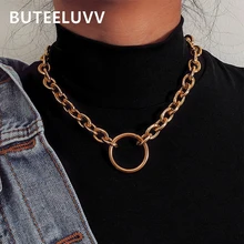 BUTEELUVV Punk Chunky Link Chain Necklace for Women Vintage Metal Circle Accessories Gold Silver Statement Necklace Chic Jewelry chic wide link rhinestone flower necklace for women