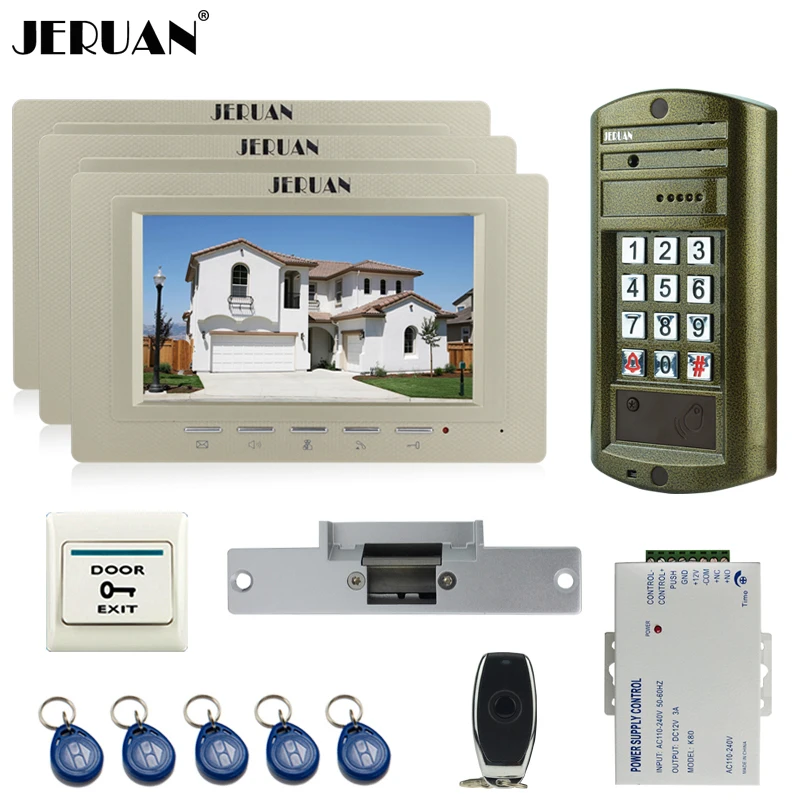 JERUAN Wired 7`` LCD Color Video Door Phone Intercom System kit 3 Monitor +NEW Metal Waterproof  Password HD Mini Camera +Power