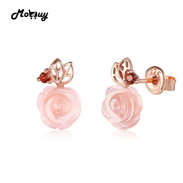 Mo Mbei015 Cute Flower Cut Natural Gemstone Rose Quartz Stud Mo Mbei015 Cute Flower Cut Natural Gemstone Rose Quartz Stud Earrings 925 Sterling Silver Gold Plated