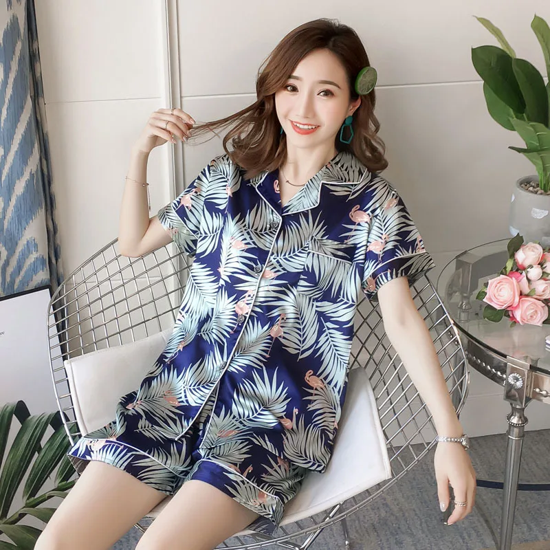 

2019 Summer Woman Pajama Sets Korean Style Cute Cartoon Print Multi-style Faux Silk Two Pieces Short Sleeve Shirts Shorts Suit