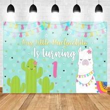Mexican Backdrop Alpaca Cactus First Birthday Party Photo Backdrops Colour Flag Banner Light Blue Photo Background for Pictures
