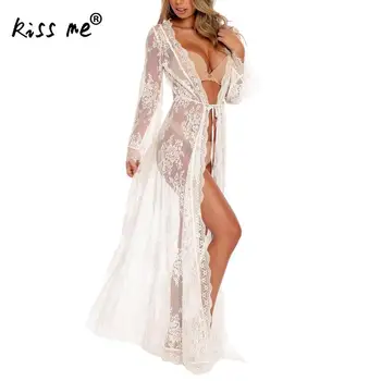 

See Through Lace Beach Kaftan Sexy Bikini Cover Up Solid Drawstring Beach Wear Dress Maxi Dress Tunic Swimsuit Cover Ups