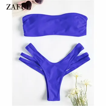 

ZAFUL Bandeau Bikini Swimwear Women Cutout High Leg Swimsuit Thong Bikini Set Strapless Solid Padded HighCut Biquni Bathing Suit