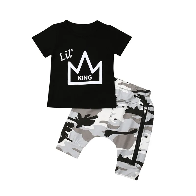 

Newborn Kids Baby Boys free shipping clothes round neck short sleeve Geometry Tops zipper camouflage Pants 2PCS Toddler Outfits