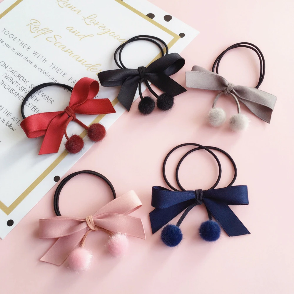 

5 colors Streamer hair rope Pendant Elastic Flannel bow knot pompon Hair Band Rubber Bands Head flower Styling Accessories