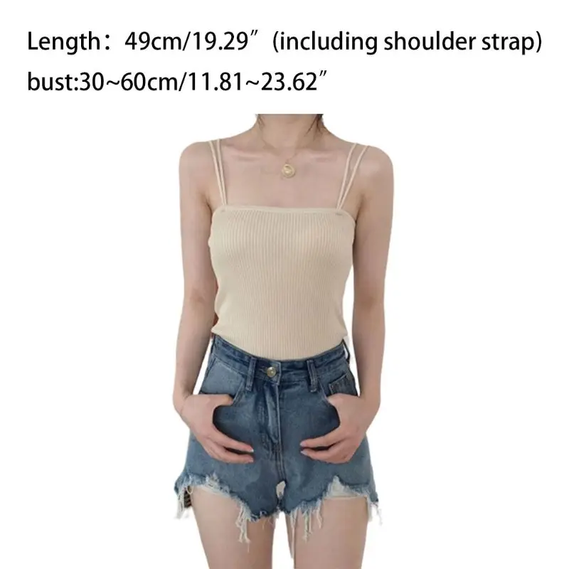Korean Minimalist Women Sleeveless Ribbed Knit Vest Double Spaghetti Straps Plain Solid Color Camisole Casual Slim Tube Tank Top