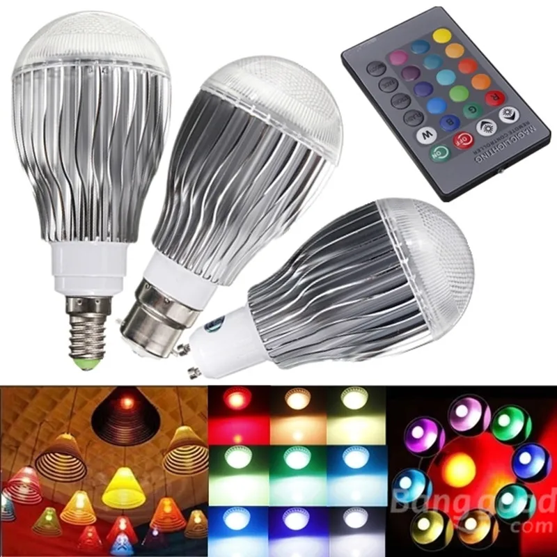 Discount DHL Free!!! GU10/E14/B22 9W 15W RGB LED Bulb 16 Color Changeable RGB LED Lamp with IR remote control+24keys AC85-265V 0