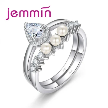 

Beautiful Minimalist 925 Sterling Silver Ring Set Pave Pearls White Color Inlay Cubic Zirconia Unique Shaped Ring