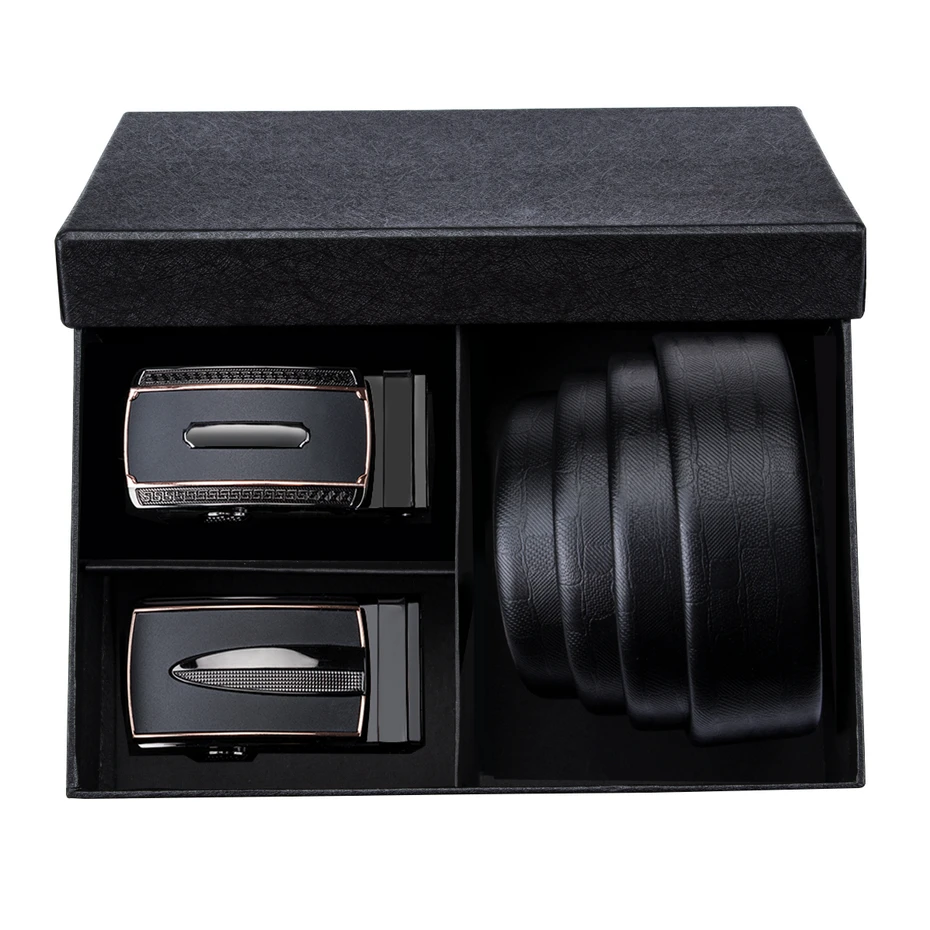 

High Quality Automatic Buckle Men's Belt Genuine Cow Leather Gift Box Set Belts for men 3.5cm Wide Waistband Strap Black DK3234