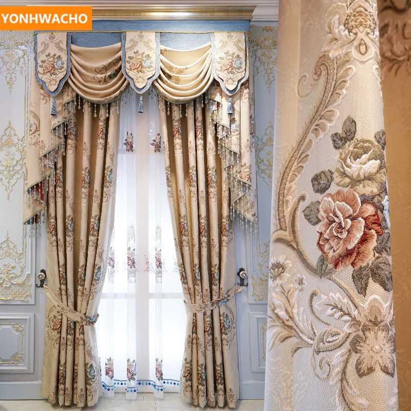

Custom curtains windproof luxury European villa bedroom chenille jacquard beige cloth blackout curtain tulle valance drape B347