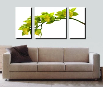 

Free shipping 3 panels/set Green leaves yellow flowers Canvas Painting Home wall decoration canvas art wall pictures No Frame