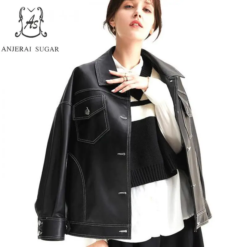 

2019 Genuine Leather Womens Outerwear black Single Breasted Plus Size Vintage Winter Casual short Real Leather Sheepskin Coats