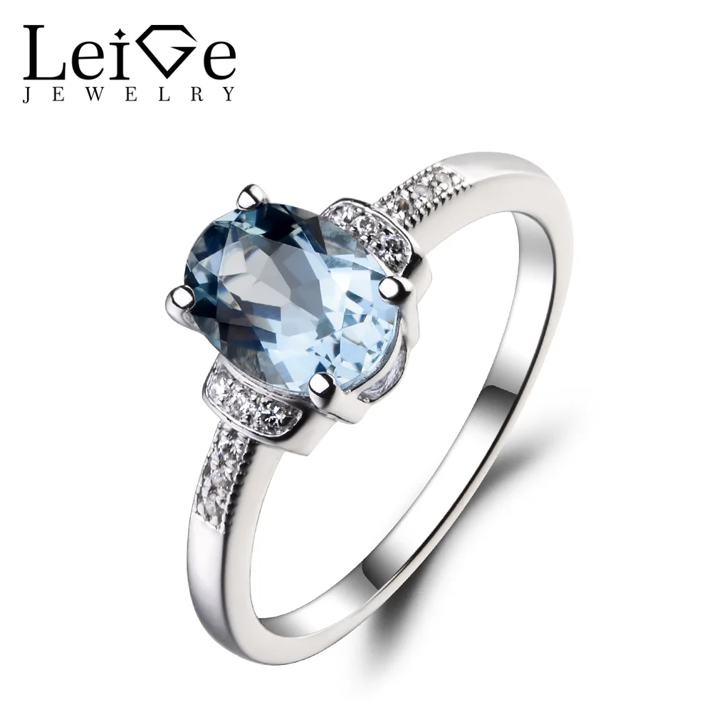 Leige Jewelry Natural Aquamarine 925 Sterling Silver Ring Oval Cut