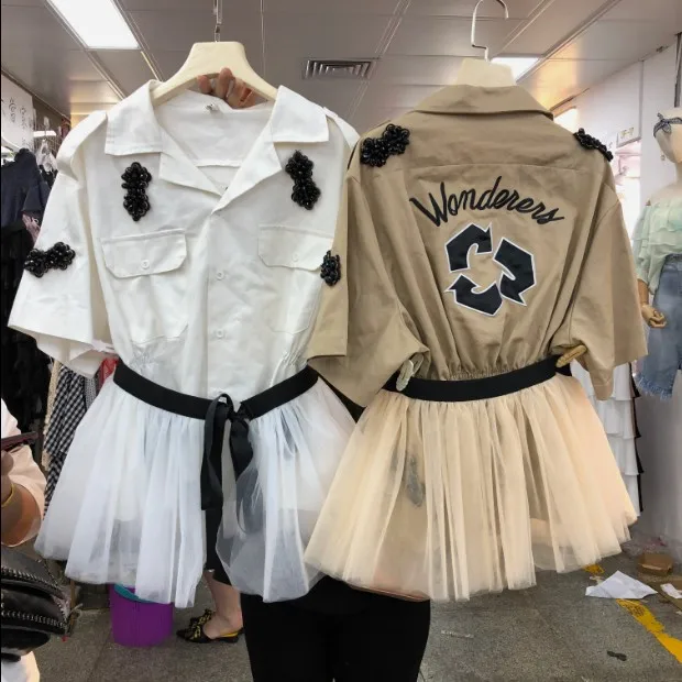 

2019 Spring New Sequined Beaded Short-sleeved Shirt Top + Mesh Girdle Two-piece Set Women's Casual Blouse All-match Tops