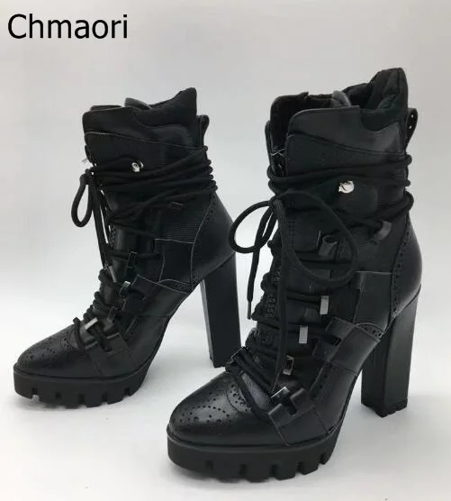 

Fall 2017 New Luxury Brand Women Black 130 mm Rope Lace-up Leather Platform Ankle Boots High Heel Short Booties Size 35-42