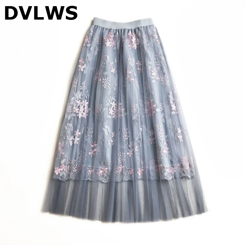 

2019 Spring & Summer Embroidered Mesh Skirt of A-Line New Fashion Women Skirt Floral Embroidered High Quality