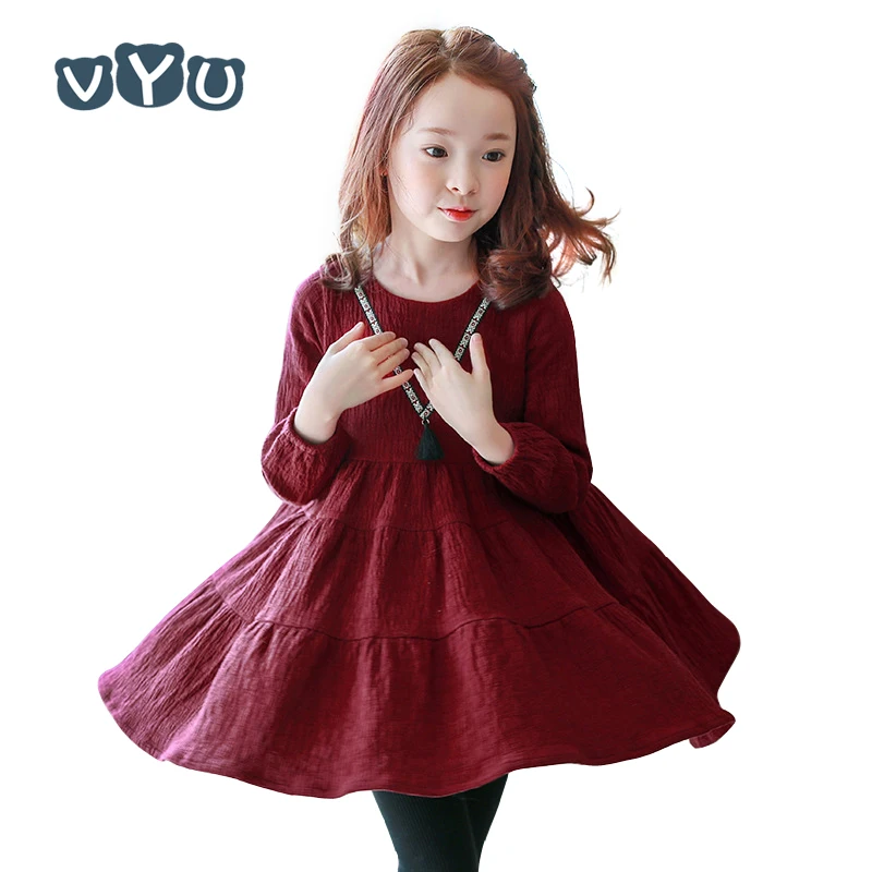

Teenger Girl Long Sleeve Retro Embroidery Pattern Cotton Wine Color Dress Autumn Tassel Dress for 4-14T Big Girl Party Clothes