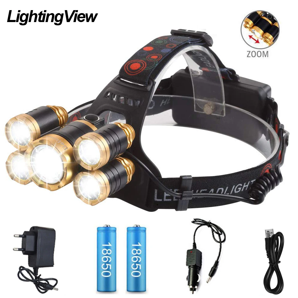 

Super Bright LED Headlight 5 x T6 LED Lamp bead 15000 lumens LED Headlight Zoomable Headlamp Fishing Camp Lamp Powered by 18650