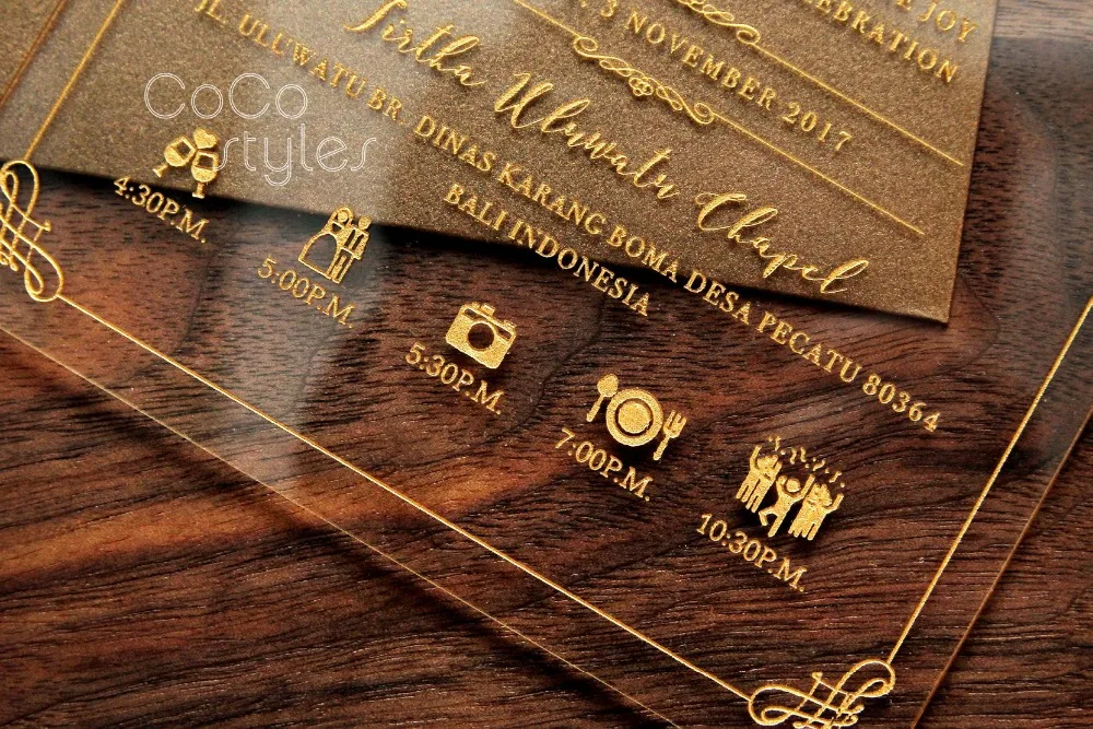  unique clear acrylic invitation card with gold shimmy engraving and matching envelope for luxury we - 32862519474