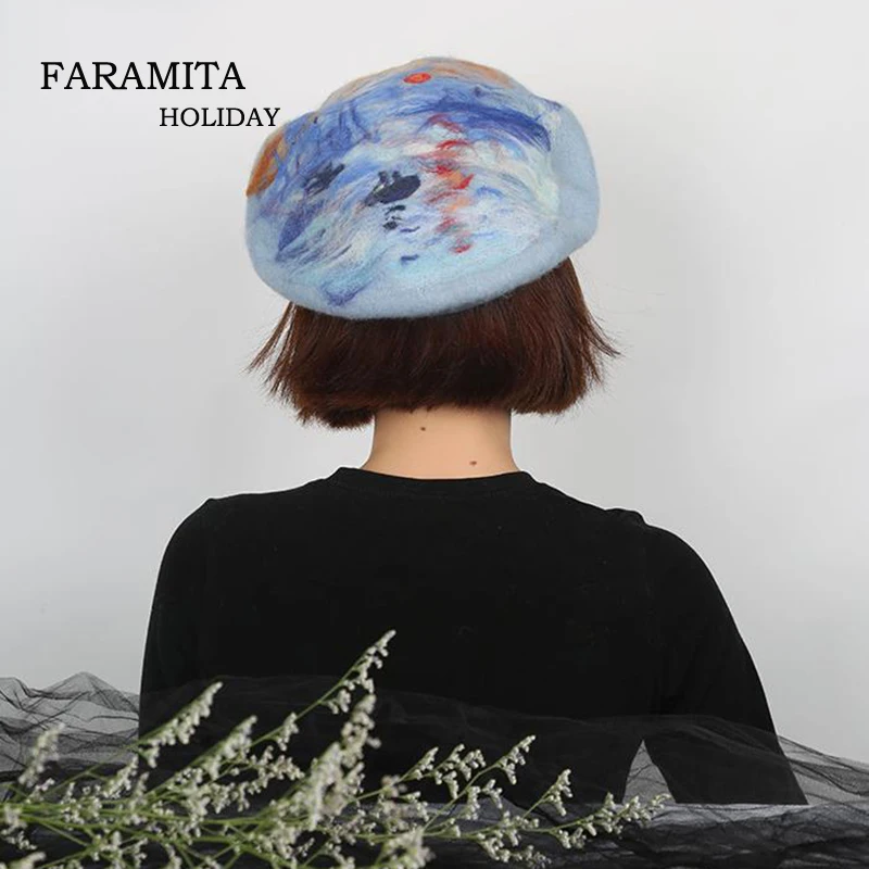 Женский теплый шерстяной берет Faramita праздничный с изображением восхода солнца и