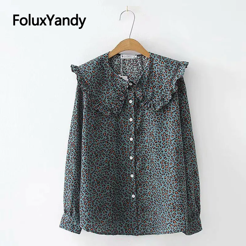 

Peter Pan Collar Chiffon Blouse Leopard Shirt Women Plus Size XXXL 4XL Casual Long Sleeve Blouses Chemise KKFY3144