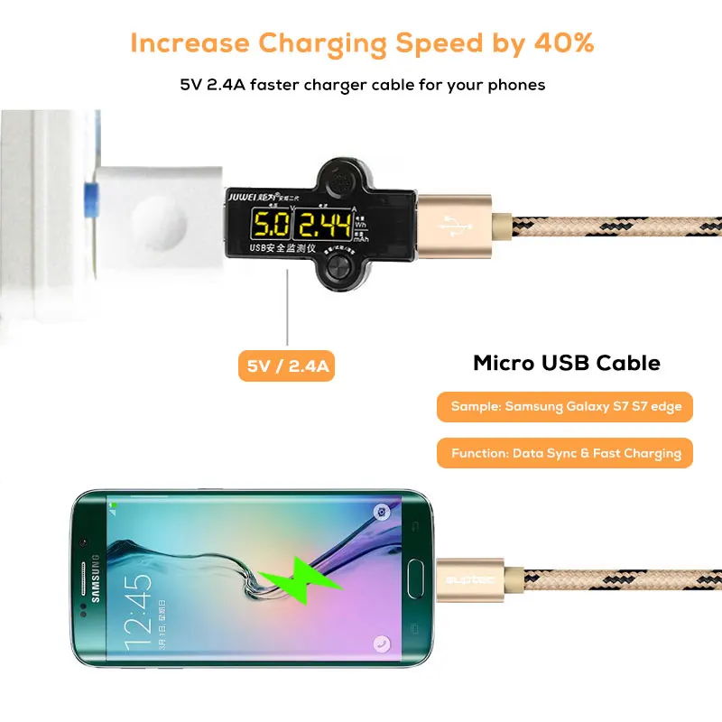 SUPTEC 2 m 3 m Cable Micro USB 2.4A rápido de carga de datos Cable de carga para Android de Samsung S6 S7 borde xiaomi Huawei MP3 Microusb cable