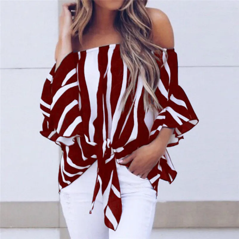 Women Striped Off Shoulder Waist Tie Blouse Short Sleeve Casual T Shirts Tops  (2)