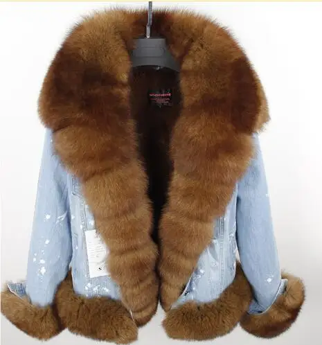 Зима, джинсовая парка, пальто с натуральным мехом, зимняя куртка для женщин, пальто с натуральным лисьим мехом, толстая теплая меховая парка, уличный стиль, Новинка - Цвет: short B 2