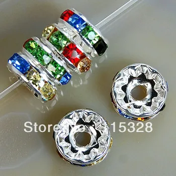 

Free Shipping 100pcs/Lot 6MM Mixed Crystal Spacer Metal Silver Plated Rondelle Rhinestone Loose Beads For Jewelry Making