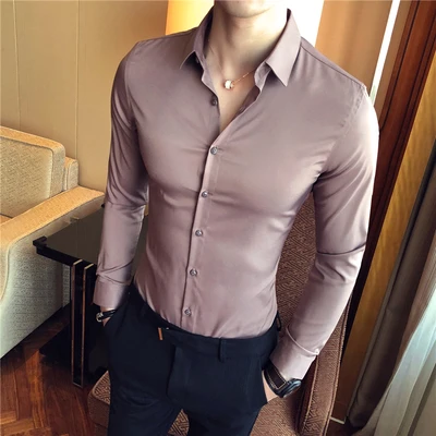 Повседневная рубашка Slim Fit Мужские рубашки бизнес Camisa Masculina с длинным рукавом сплошной цвет черный белый Высокое качество