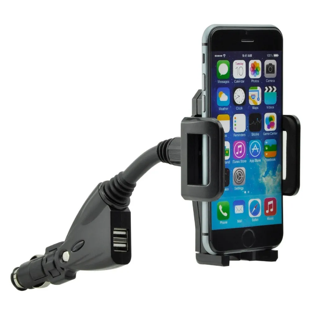 Universal Dual USB 2 Port Car Charger Cell Phone Mount Stand Holder for