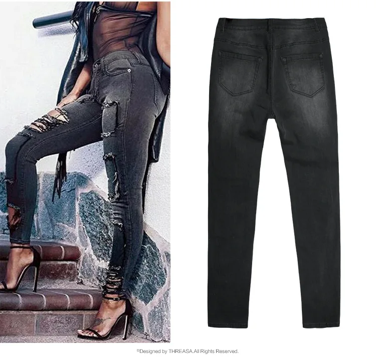 Стрелка Автомобиль Черный Лоскутная джинсы новый Для женщин середины талии рваные эластичные тонкие джинсовые брюки рваные обтягивающие