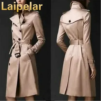 

2018 Autumn Women Trench Coat Long Windbreaker Europe America Fashion Laipelar Trend Double-Breasted Slim Long Trench with Belt