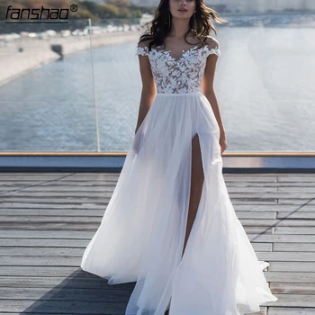 

Beach Vestido De Noiva 2019 Wedding Dresses A-line High Slit Tulle Lace Dubai Arabic Boho Wedding Gown Bridal Dresses