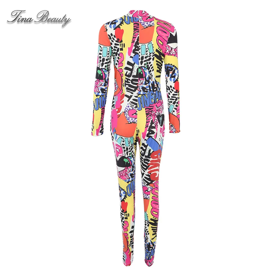 Tina Beauty Red Yellow and Black Colorblock Printing Pattern Full Sleeves Bodycon Maxi Jumpsuits for Women 2019