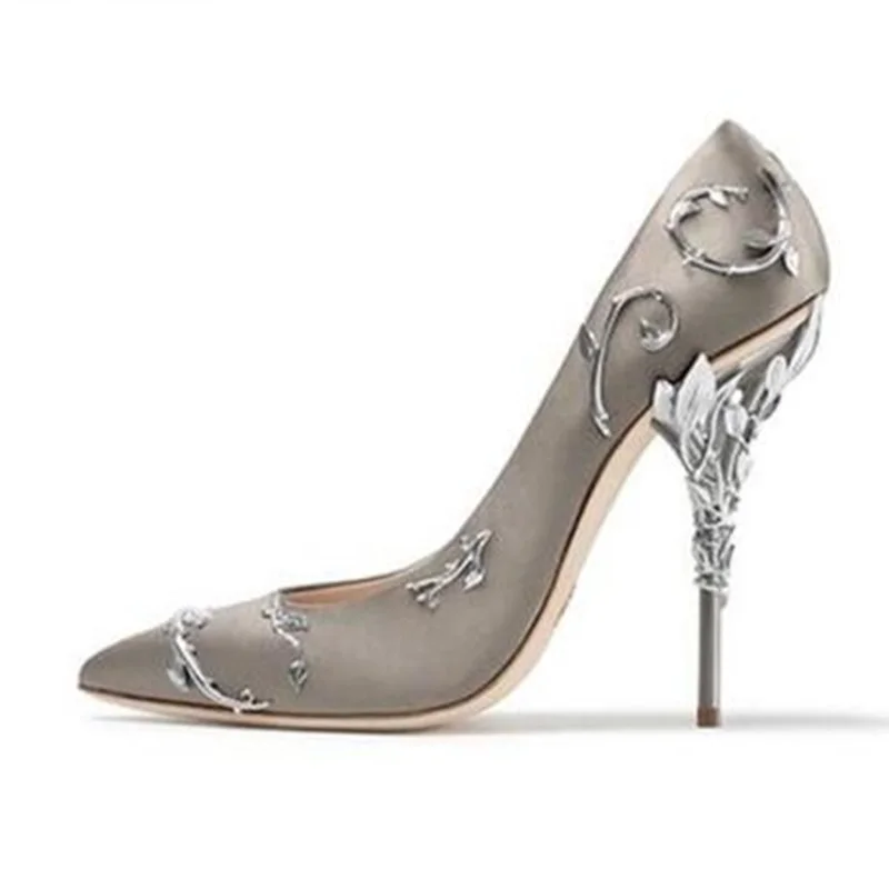 

Woman Metal Leaf Decor Satin Silk Pumps Fashion Pointed Toe Metallic Twing Covered High Heels Pumps Spring Elegant Dress Shoes