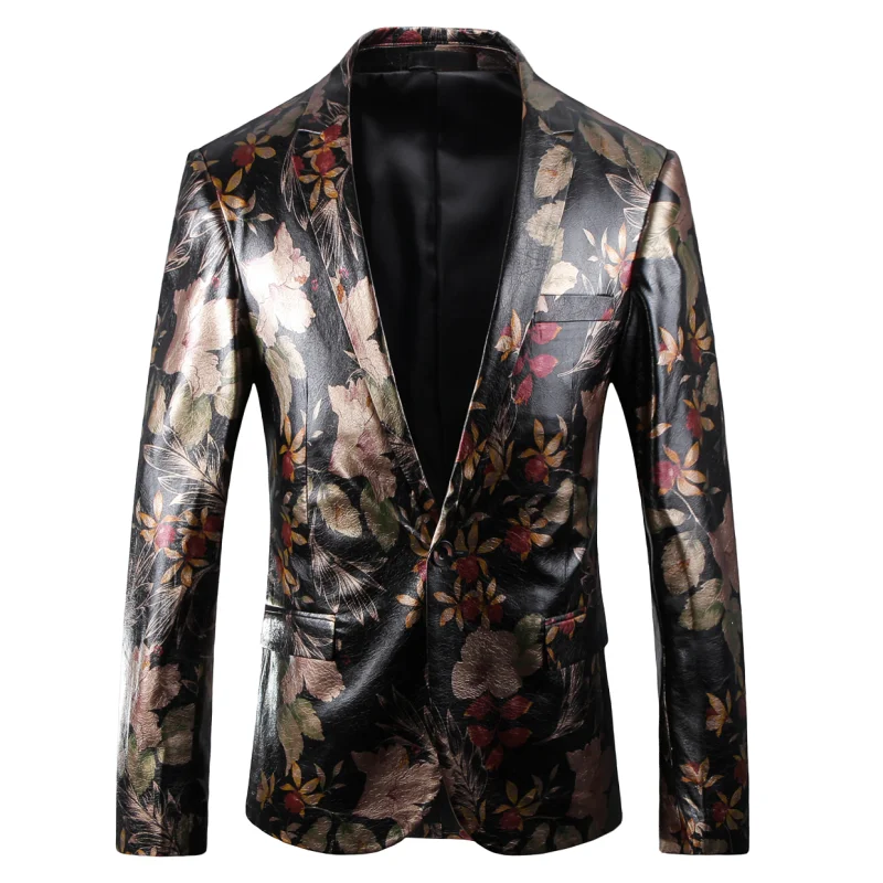 

High Quality 2019 New PU Leather Blazer Men 3D Print Floral Casual Fashion Luxury Stage Party Single Breasted Men Suit Jacket