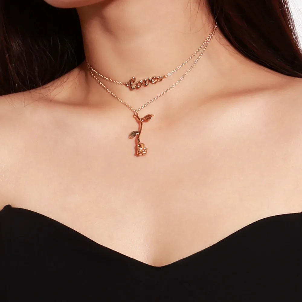 

Fashion Rose Flower Multilayer Necklaces Trendy Gold Color Love Choker Necklace Boho Wedding Jewelry Gift For Women Maxi Choker