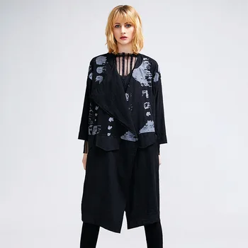 

2018 female new spirng and autumn plus size cardigan berif printing loose casual fashion drawstring trench